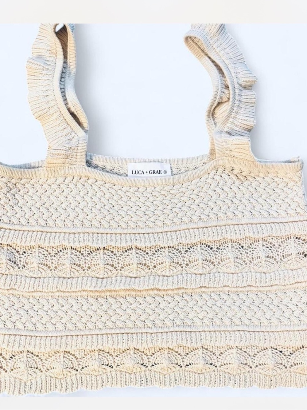 LUCA + GRAE Crochet Knit Ruffle Strap Crop Top - Creme - Size Women’s Medium